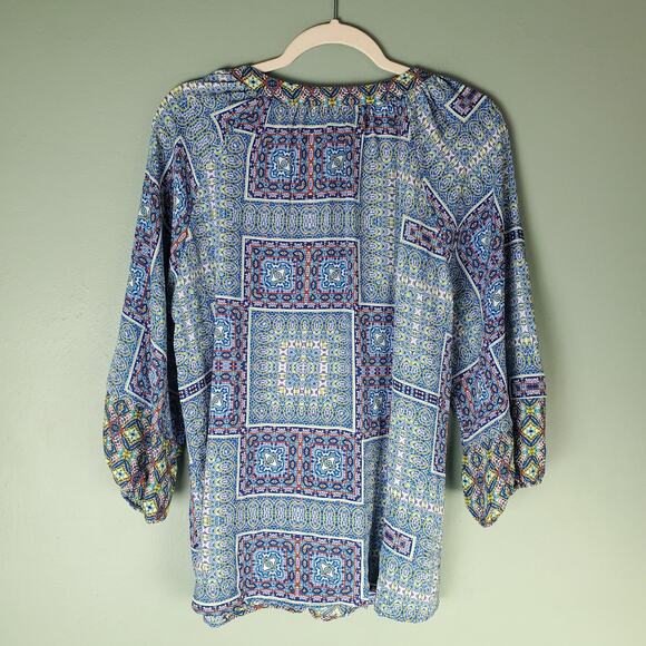 Figueora & Flower Womens Blue Geometric Pattern Boho Peasant Blouse Size XL - Picture 2 of 6